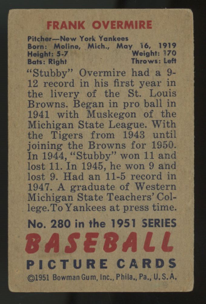 1951 Bowman Frank Overmire #280 VG-VG/EX
