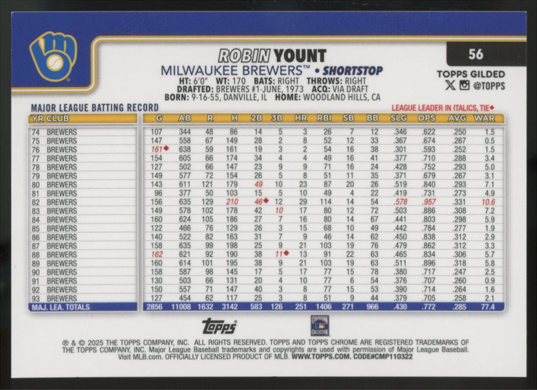 2025 Topps Chrome Gilded Collection Robin Yount Gold Lava /10 #56