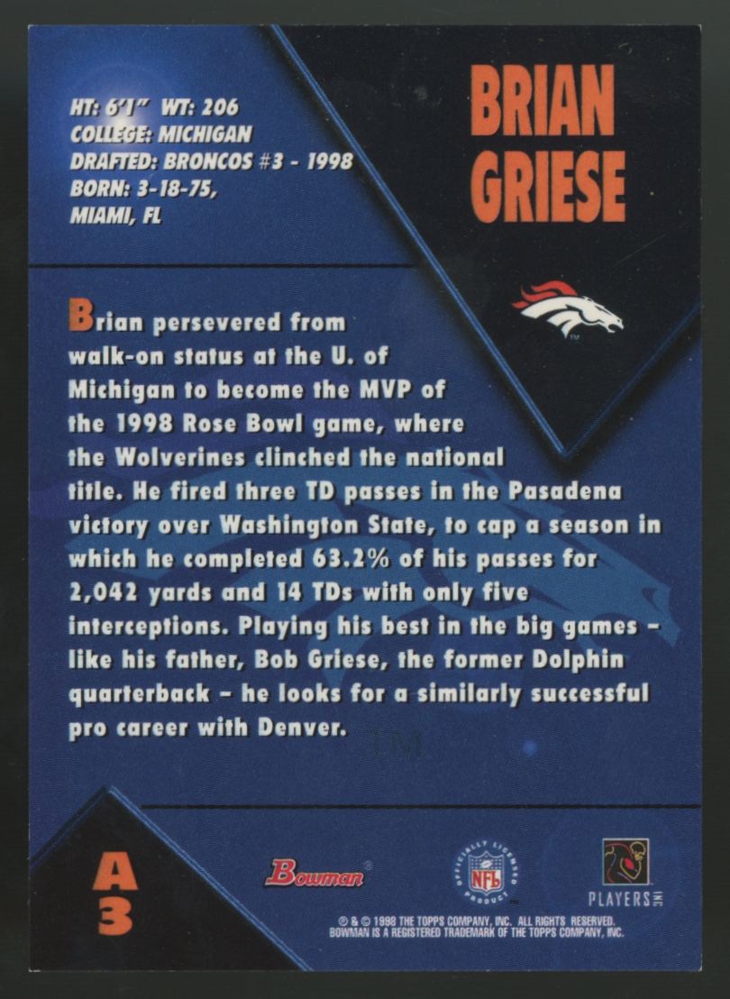 1998 Bowman Brian Griese RC Autograph Issue Auto #A3