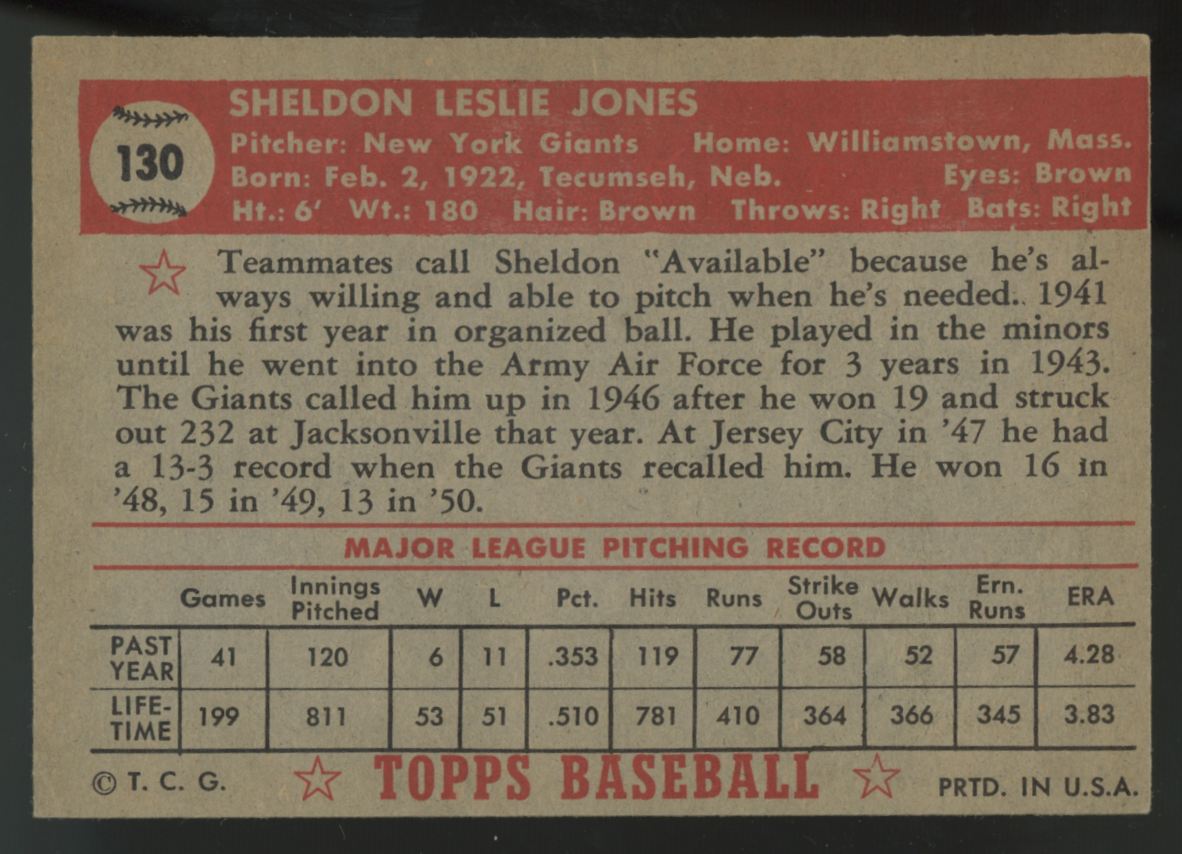 1952 Topps Sheldon Jones #130 VG/EX "A"