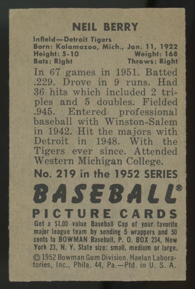 1952 Bowman Neil Berry #219 EX+