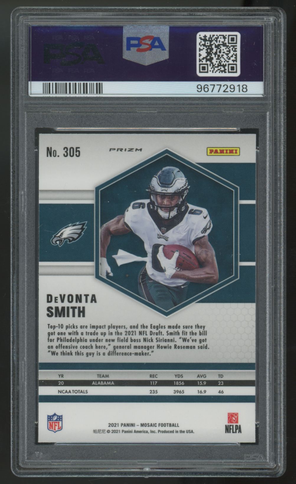2021 Panini Mosaic DeVonta Smith RC Reactive Blue #305 PSA 9