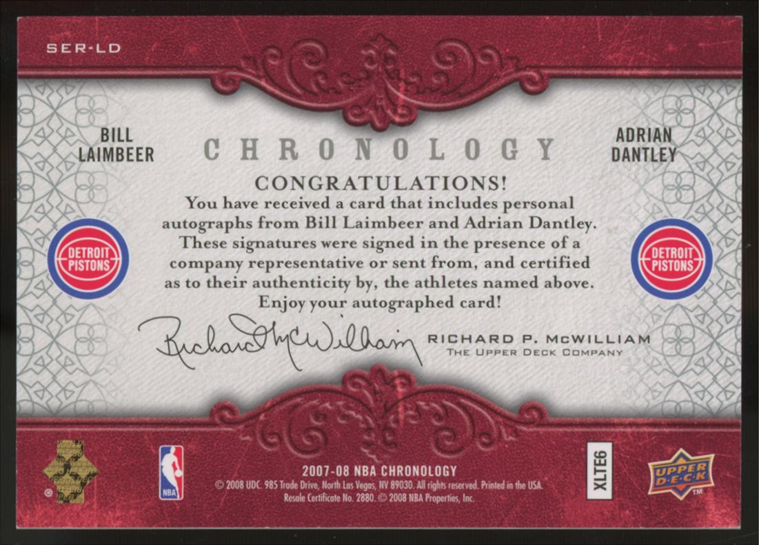 2007-08 UD Chronology Bill Laimbeer Adrian Dantley Seriatim Dual Auto /80
