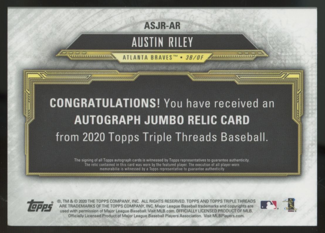2020 Topps Triple Threads Austin Riley Jumbo Patch Auto Sapphire /10 #ASJR-AR