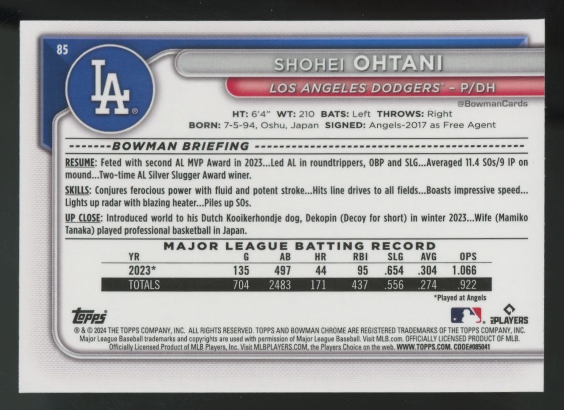 2024 Bowman Chrome Shohei Ohtani Yellow Refractor /75 #85