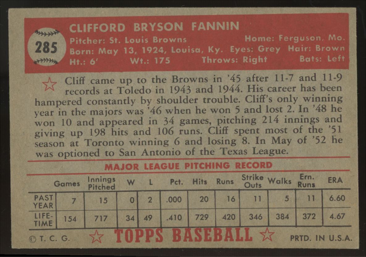 1952 Topps Cliff Fannin #285 NM