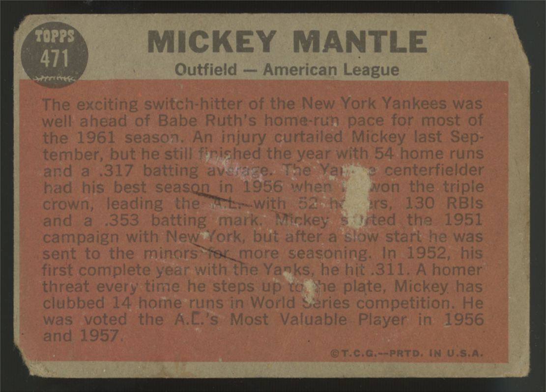 1962 Topps Mickey Mantle All-Star #471 Poor