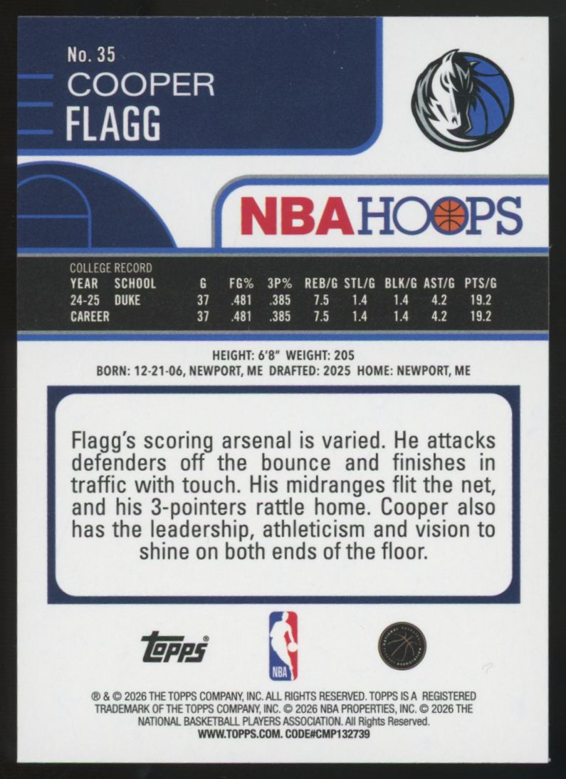 2025-26 Topps NBA Hoops Cooper Flagg RC Pixel Burst #35