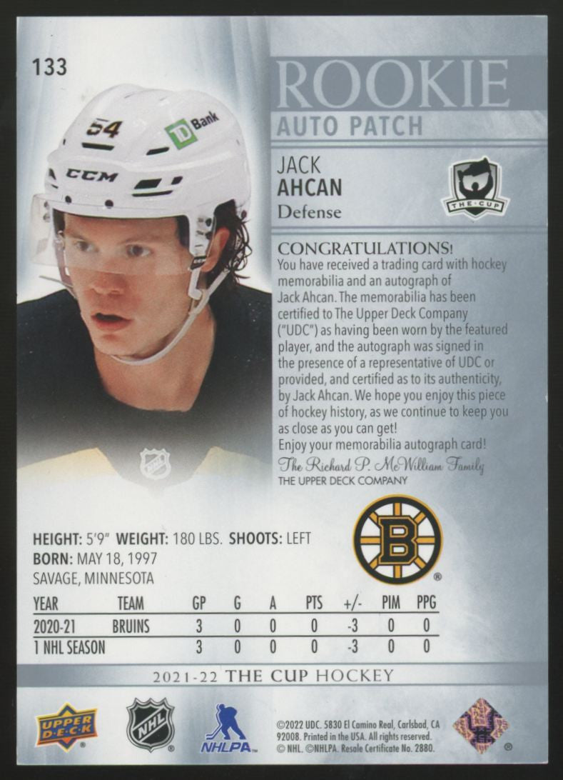 2021-22 The Cup Jack Ahcan RC Patch Auto RPA /249 #133