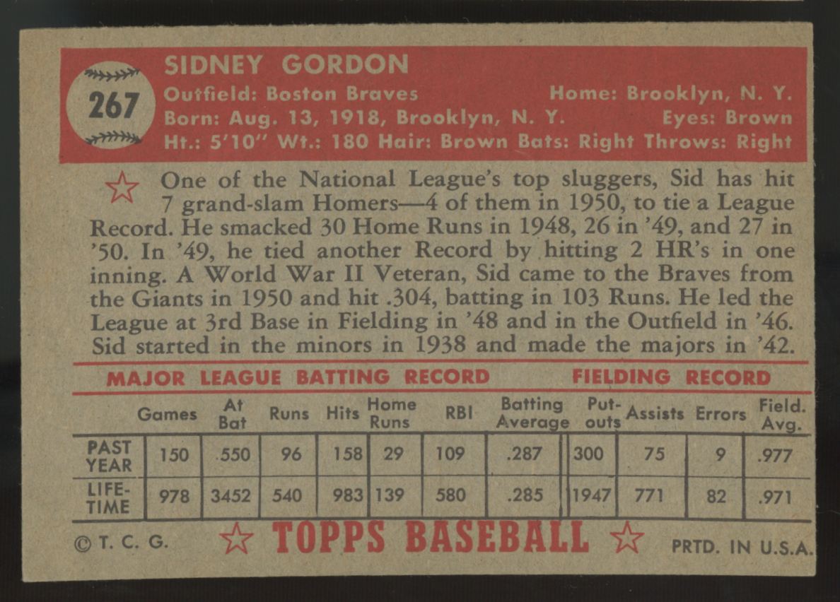 1952 Topps Sid Gordon #267 VG/EX