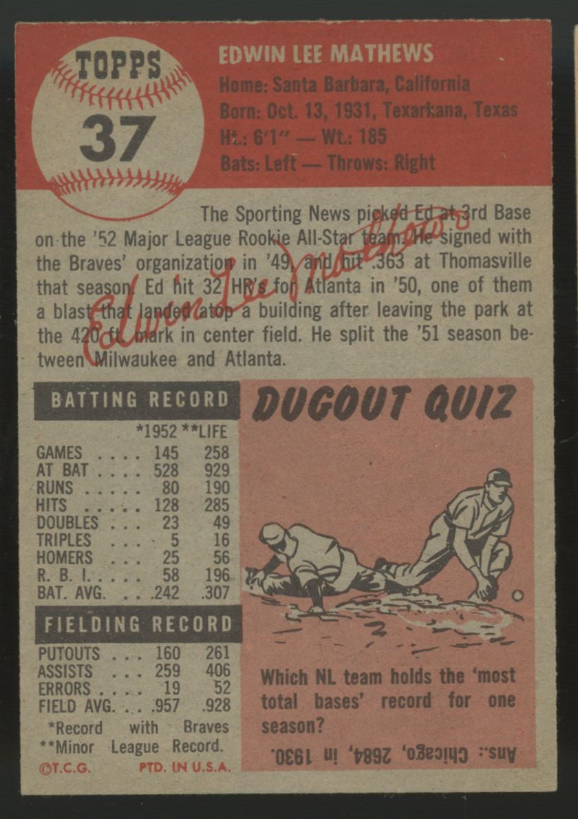 1953 Topps Baseball Ed Mathews #37 EX
