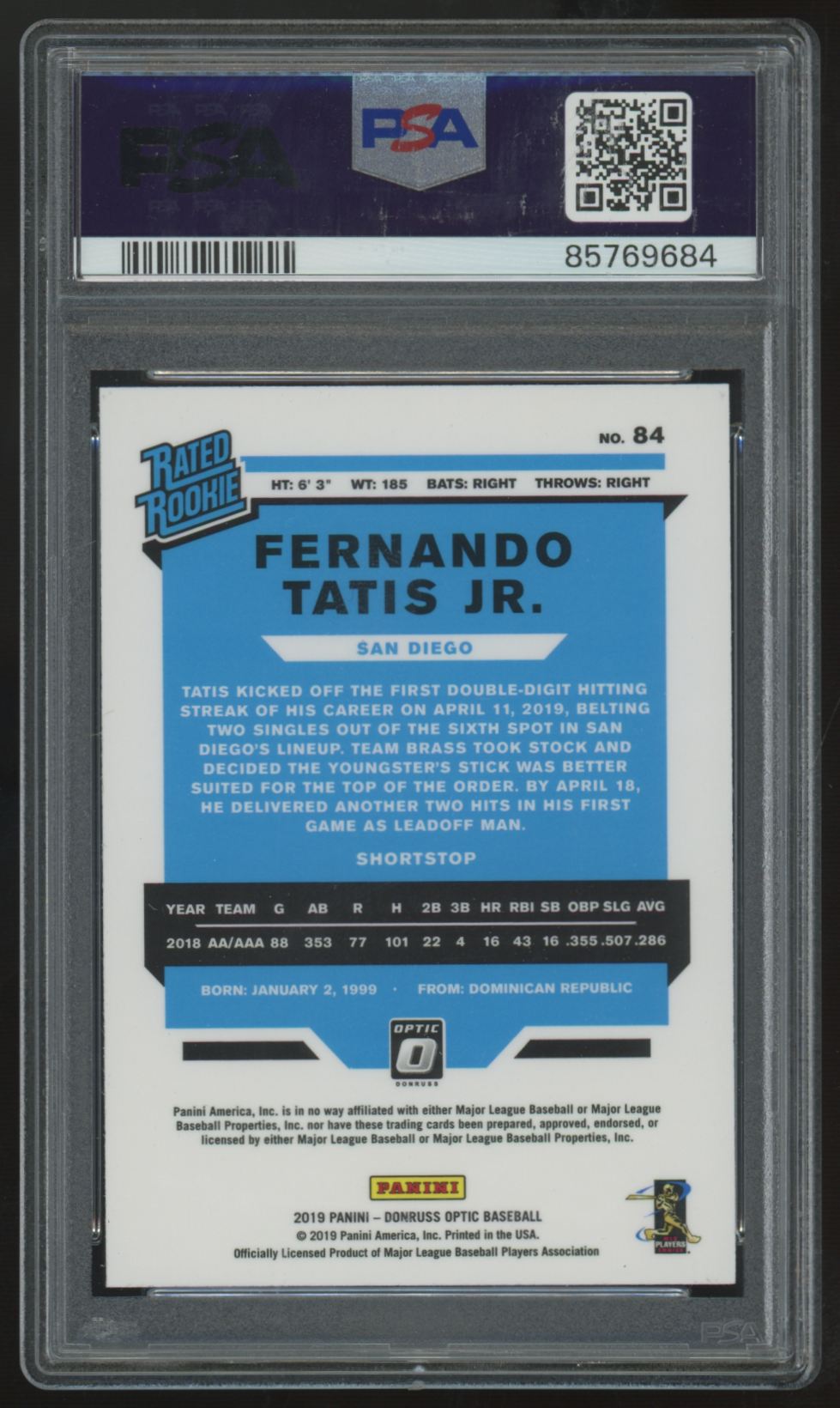 2019 Donruss Optic Fernando Tatis Jr. RC Rated Rookie #84 PSA 10