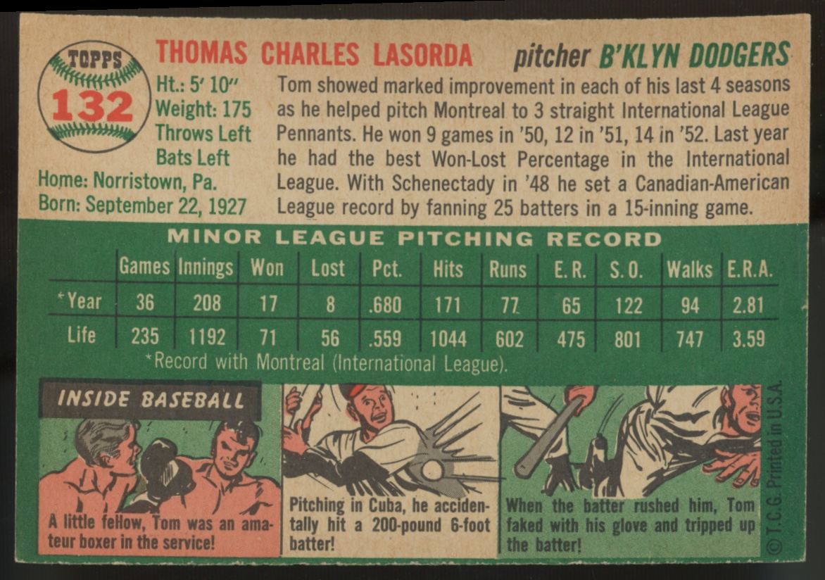1954 Topps Tom Lasorda RC #132 NM