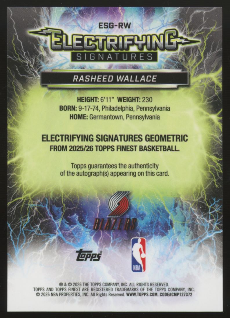 2025-26 Topps Finest Rasheed Wallace Electrifying Red/Black Geometric Auto /10