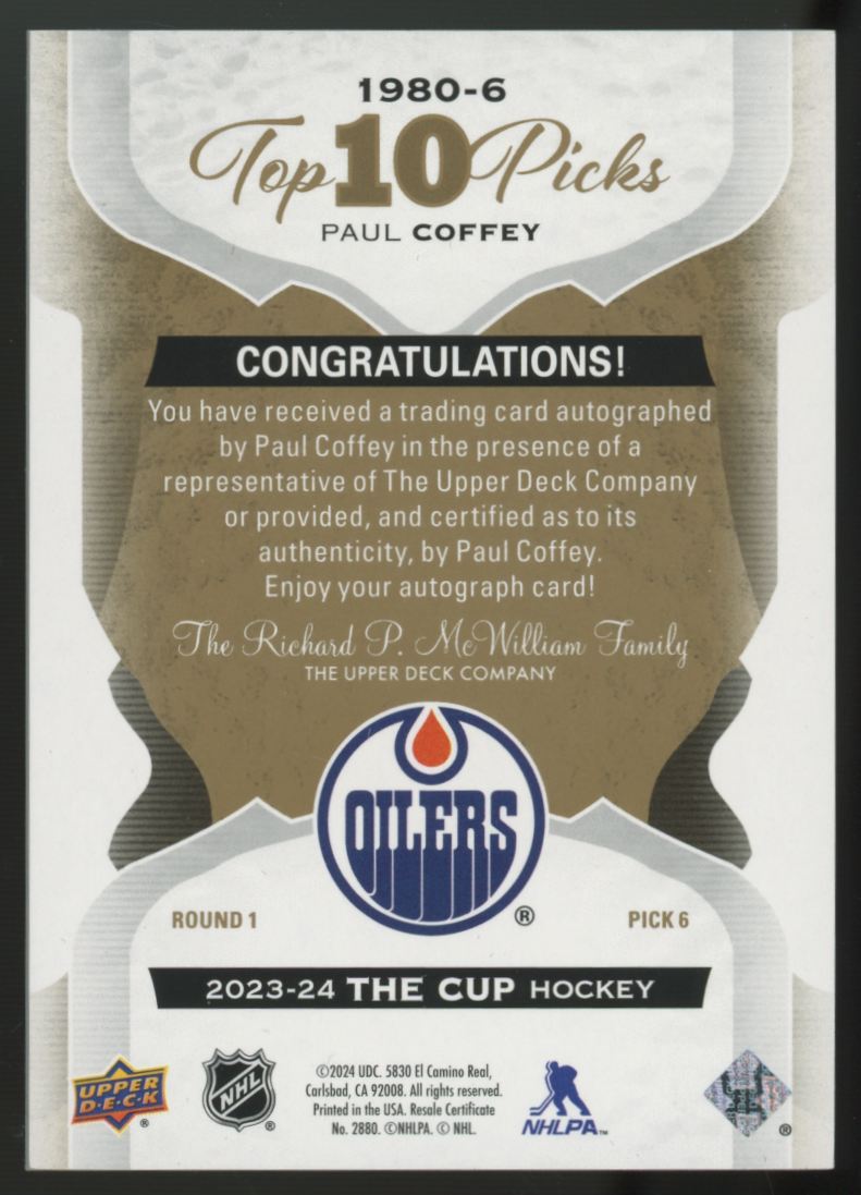 2023-24 UD The Cup Paul Coffey Top 10 Picks Auto Hand Numbered /6 #1980-6