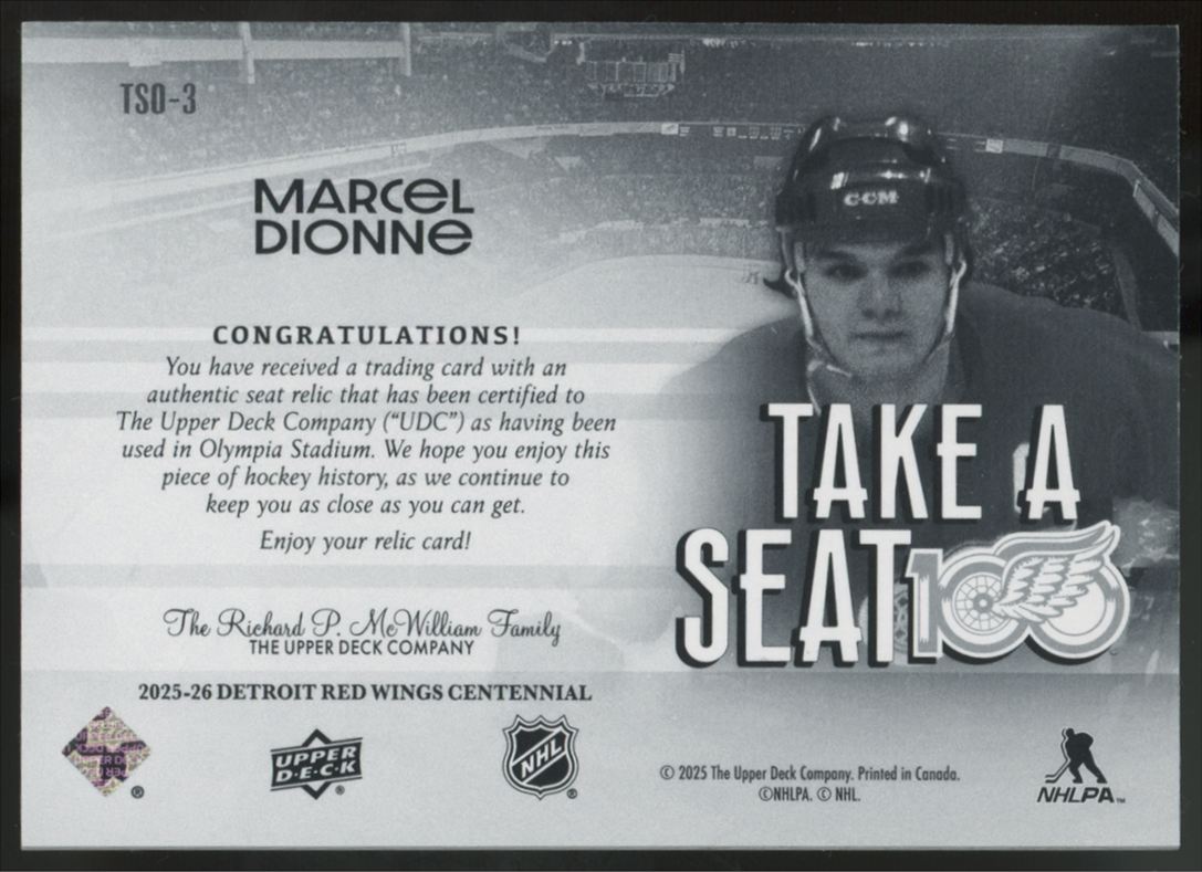 2025-26 UD Red Wings Centennial Marcel Dionne Take A Seat Olympia Relic /10