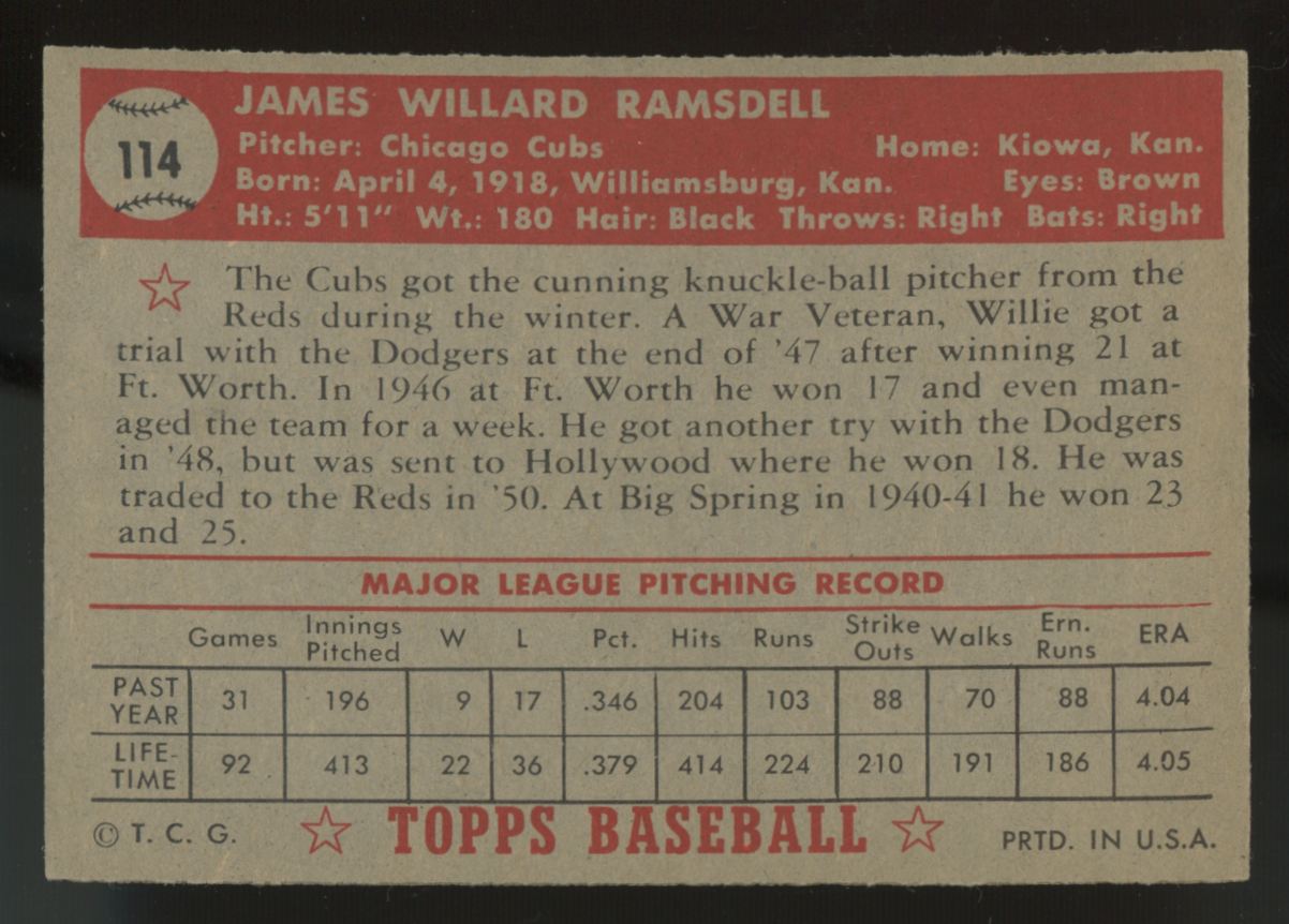 1952 Topps Willard Ramsdell #114 EX+