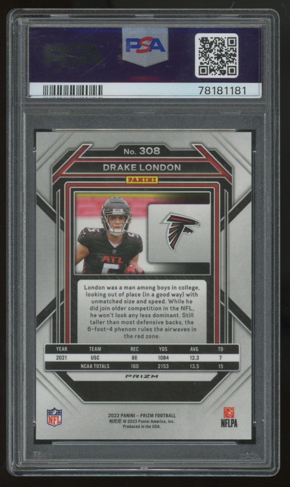 2022 Panini Prizm Drake London RC No Huddle #308 PSA 10