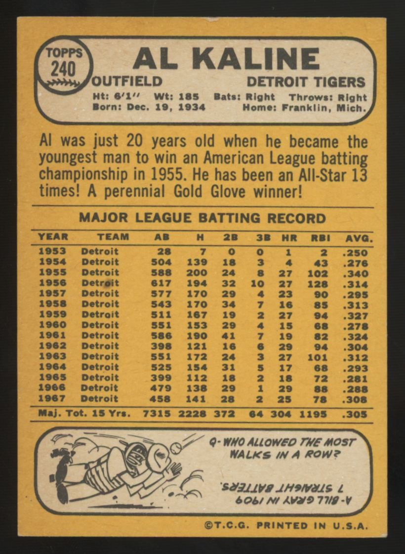 1968 Topps Al Kaline #240 EX "B"