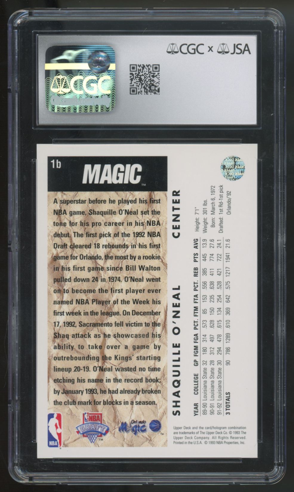 1992-93 Upper Deck Shaquille O'Neal Trade Card Signed Auto #1b CGC/JSA 8