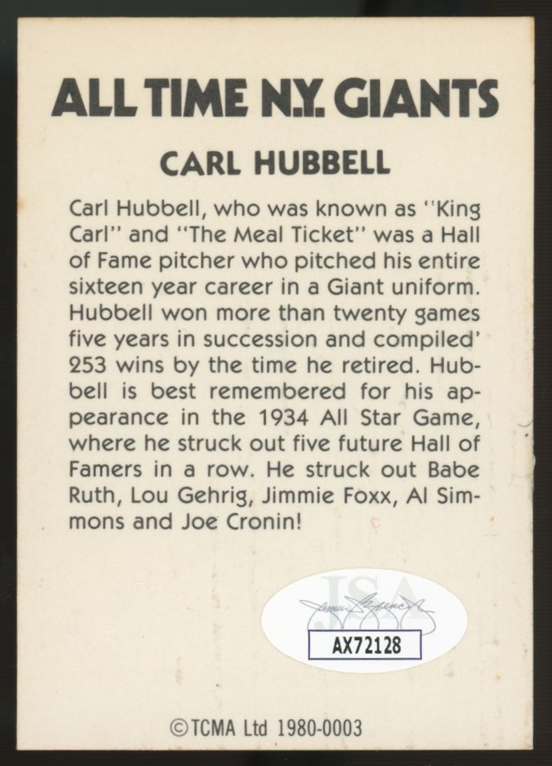 1980 TCMA Carl Hubbell All Time Giants Signed Autographed Card JSA