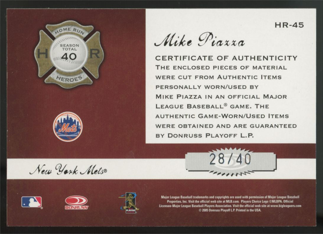 2005 Donruss Classics Mike Piazza Home Run Heroes Dual Patch /40 #HR-45