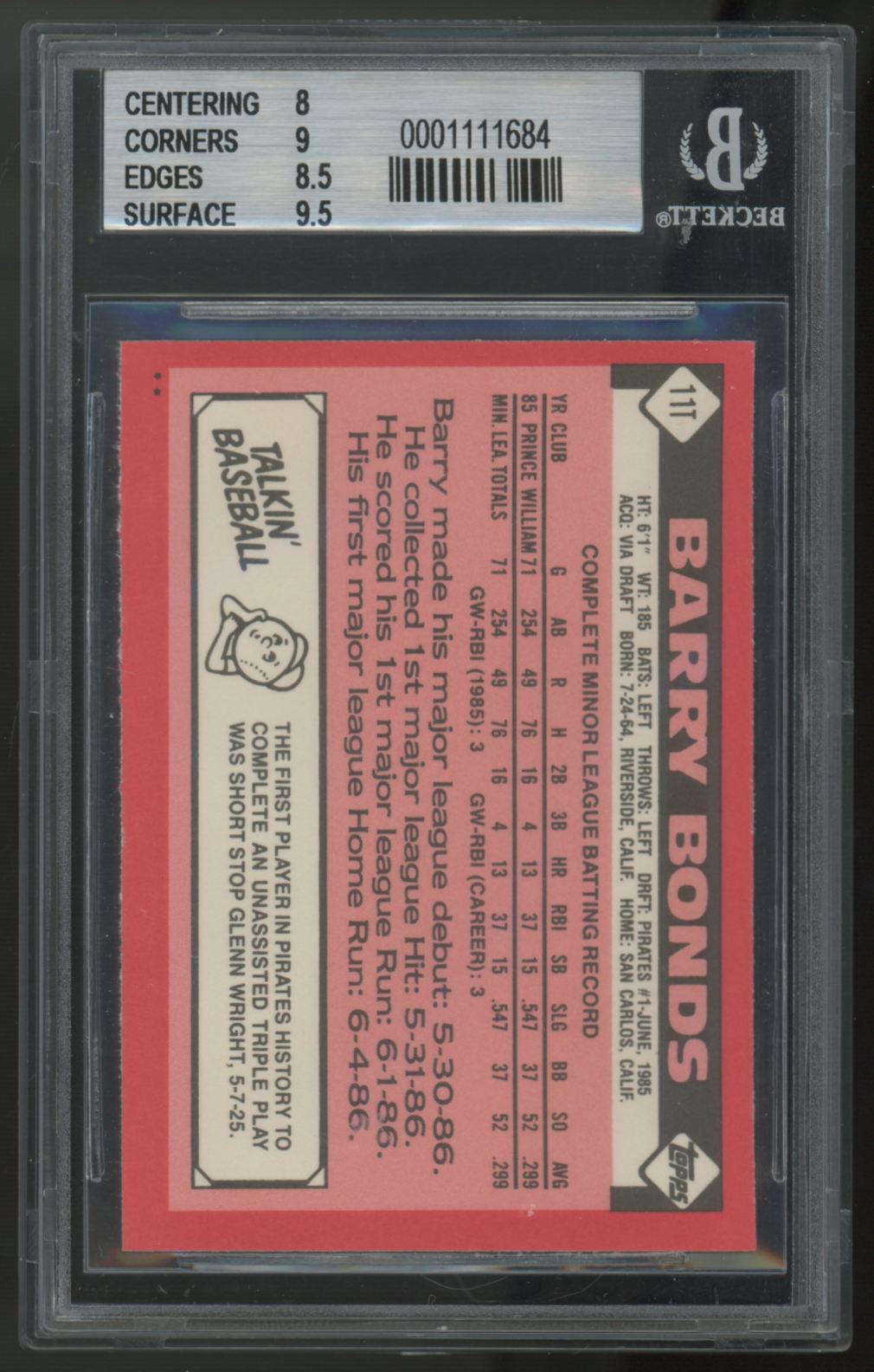 1986 Topps Traded Barry Bonds RC #11T BGS 8.5 *684