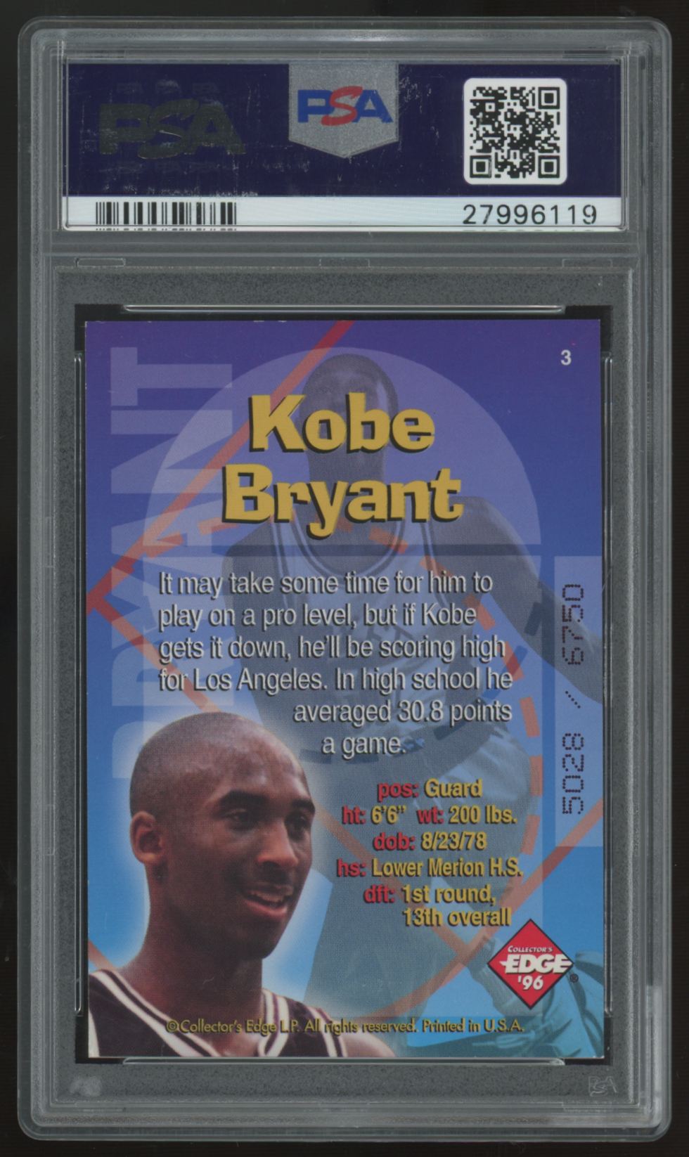 1996-97 Collector's Edge Kobe Bryant RC Radical Recruits /6750 #3 PSA 9
