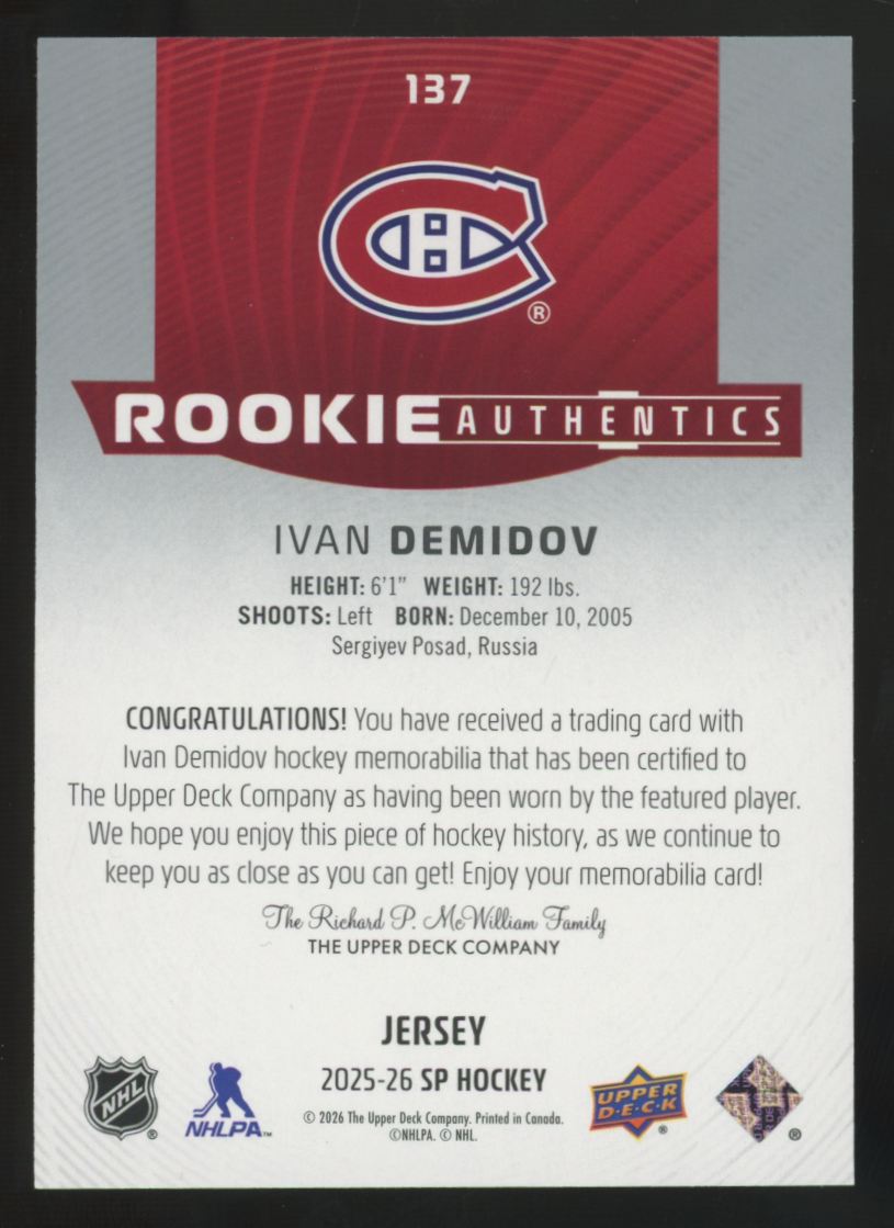 2025-26 Upper Deck SP Ivan Demidov RC Authentics Patch #137