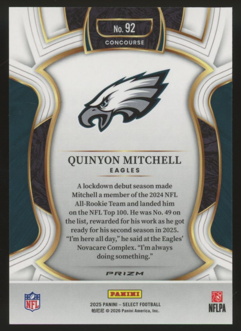 2025 Panini Select Quinyon Mitchell Concourse Zebra Shock Prizm SSP #92