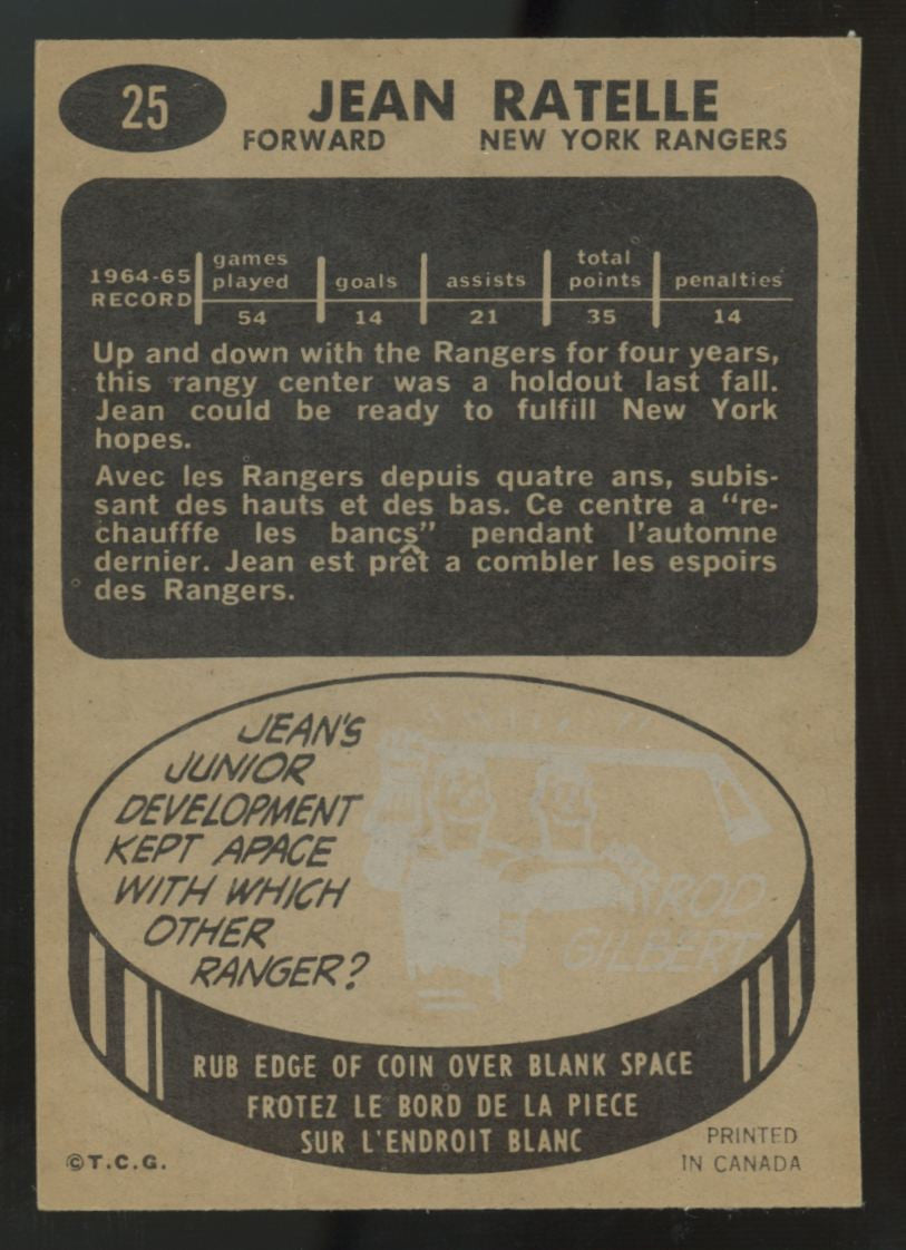 1965-66 Topps Jean Ratelle #25 VG/EX (Crease)