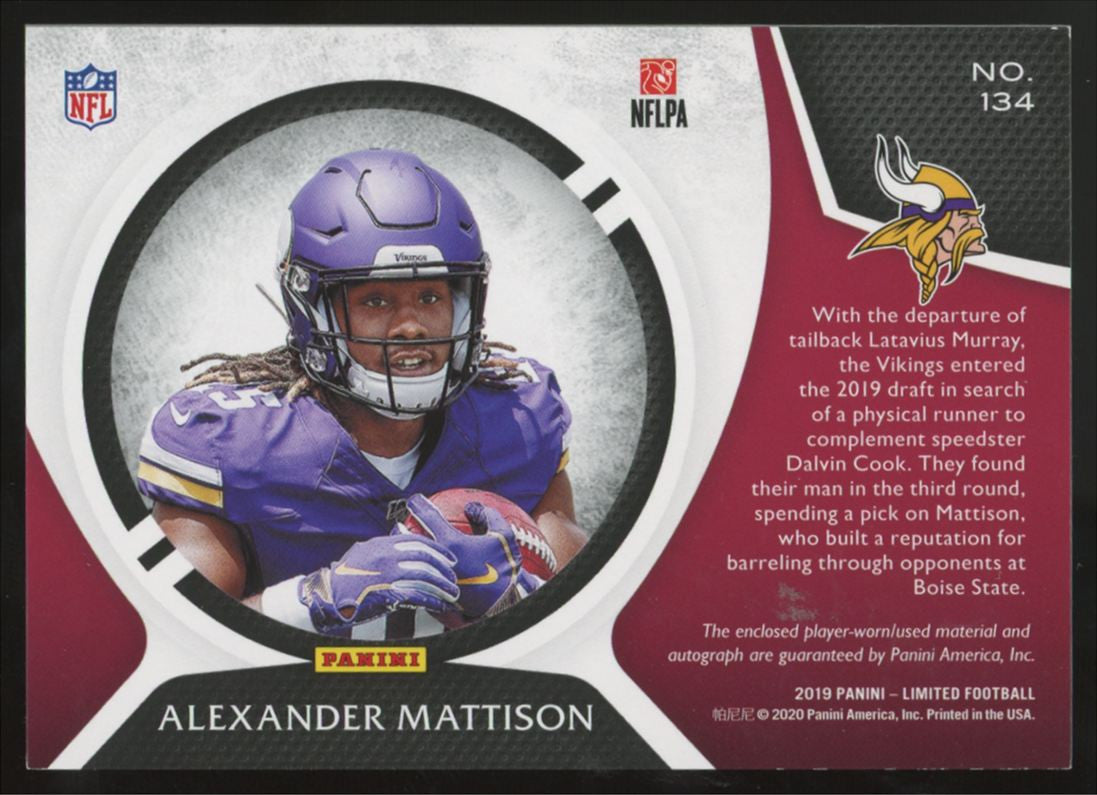 2019 Panini Limited Alexander Mattison RC Patch Auto RPA /23 #134