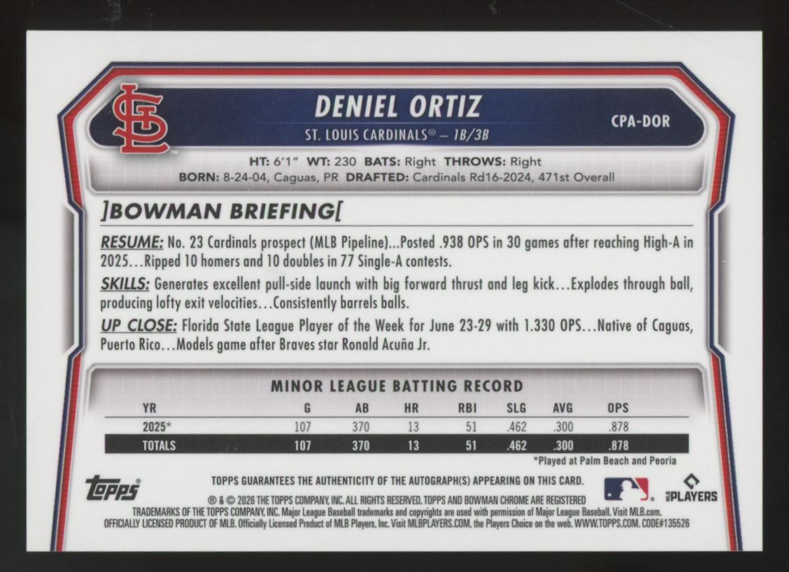 2026 Bowman Chrome Deniel Ortiz 1st Prospect Auto #CPA-DOR