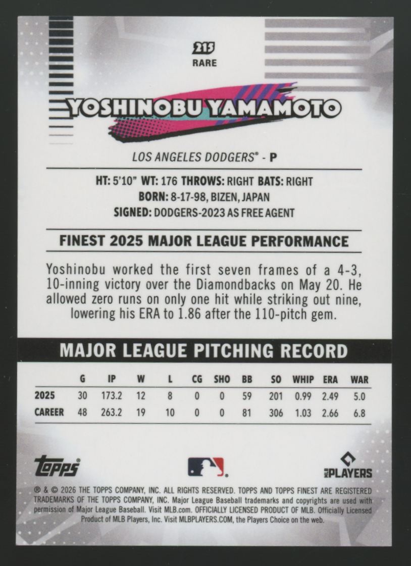 2026 Topps Finest Yoshinobu Yamamoto Rare Green Mini-Diamond /99 #215