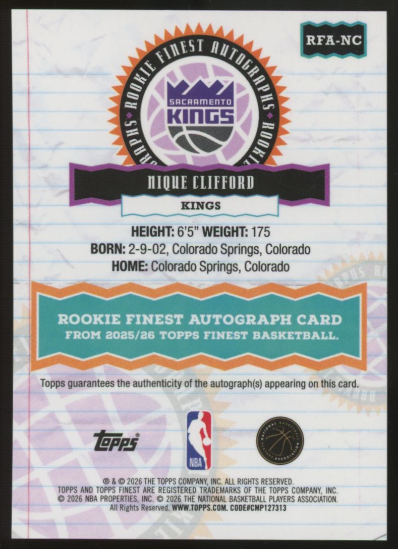 2025-26 Topps Finest Nique Clifford RC Finest Gold Geometric Auto /50 #RFA-NC
