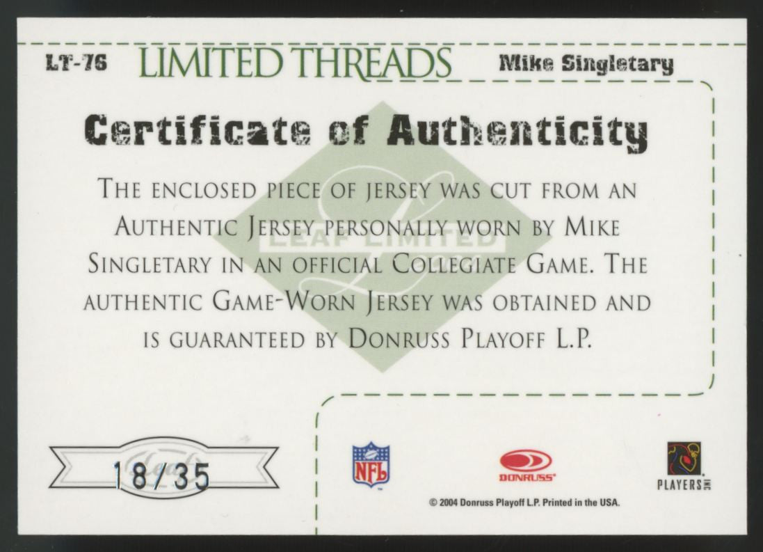 2004 Leaf Limited Mike Singletary Limited Threads At The Half Dual Patch /35