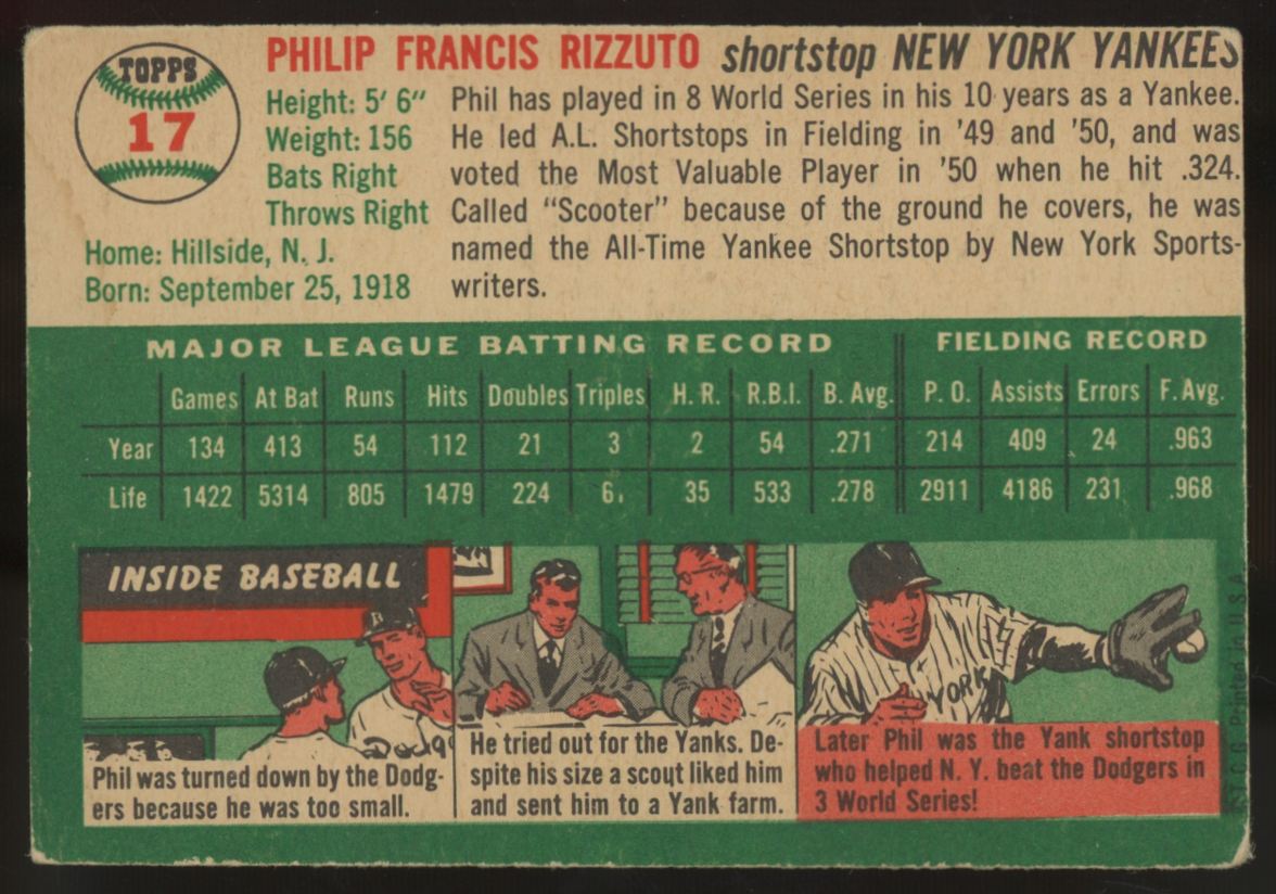 1954 Topps Phil Rizzuto #17 VG "B"