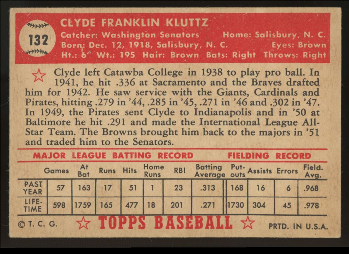 1952 Topps Clyde Kluttz #132 VG/EX "A"