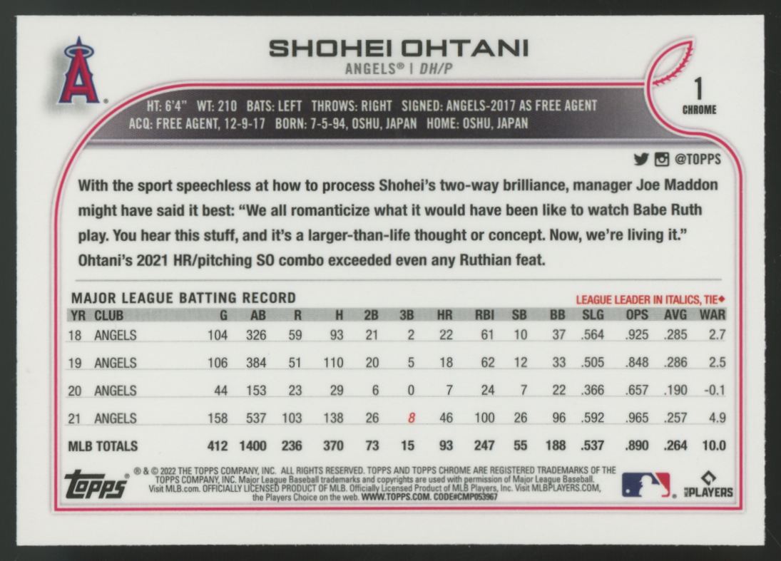 2022 Topps Chrome Shohei Ohtani Prism Refractor #1 "A"