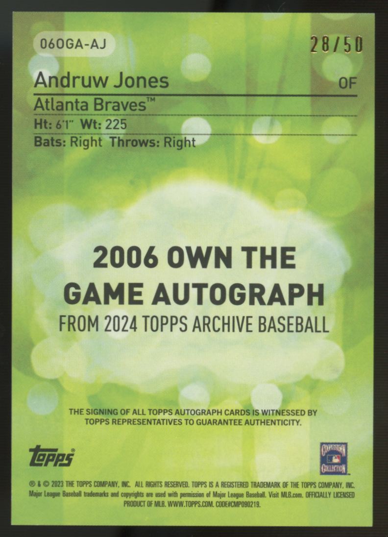 2024 Topps Archives Andruw Jones 2006 Own The Game Gold Foilboard Auto /50