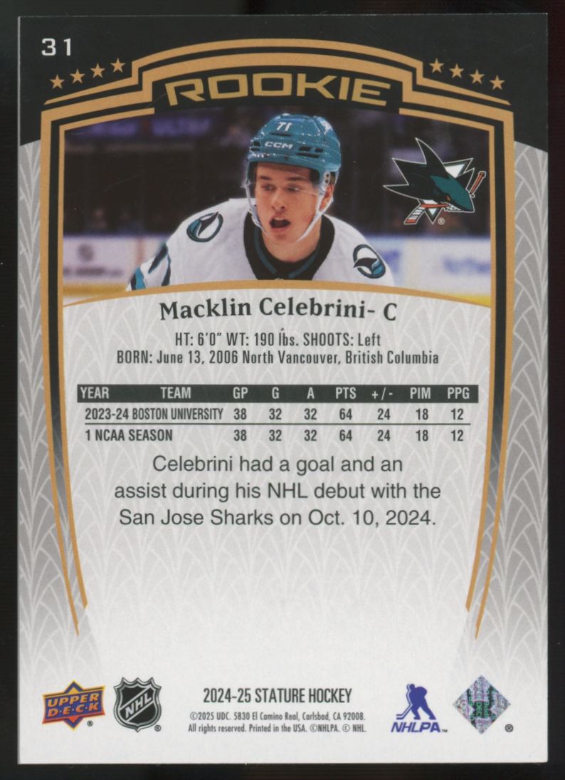 2024-25 Upper Deck Stature Macklin Celebrini RC /999 #31