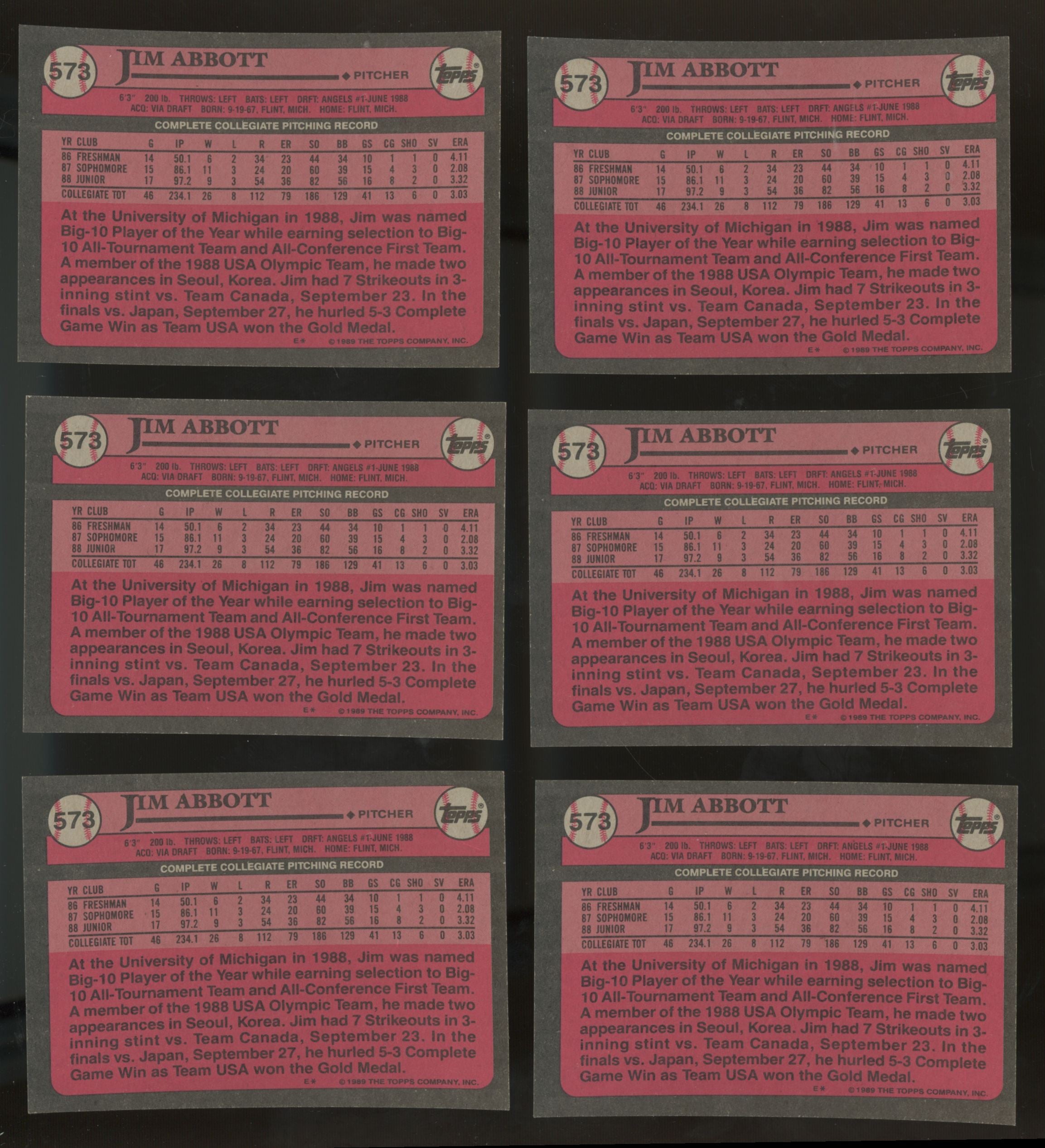 1989 Topps Jim Abbott RC #1 Draft Pick #573 (Lot Of 50)