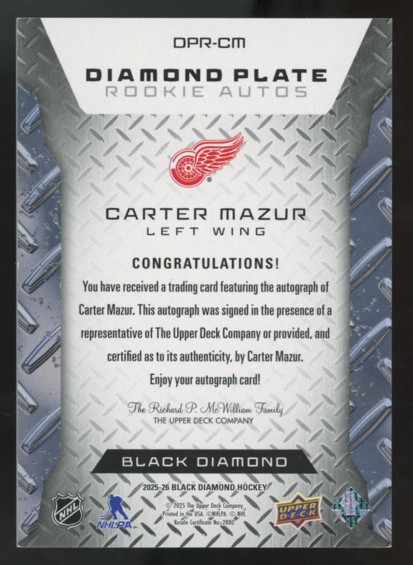 2025-26 Upper Deck Black Diamond Carter Mazur RC Plate Auto #DPR-CM