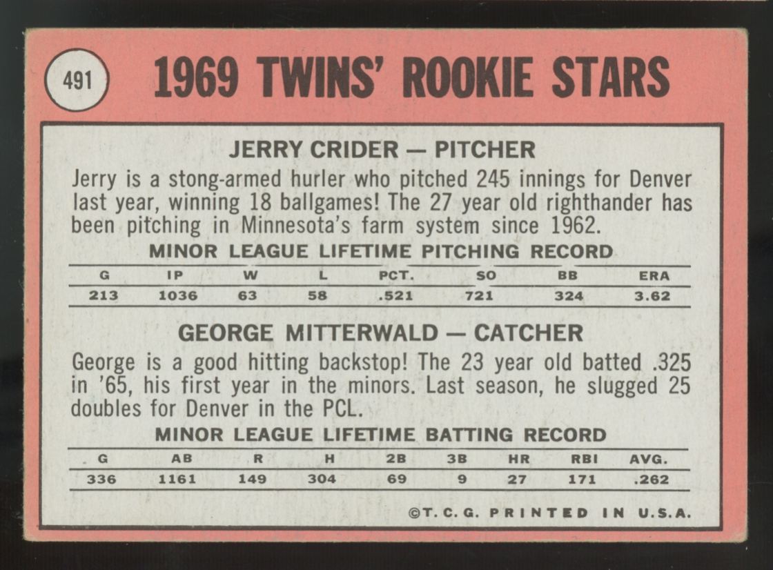 1969 Topps Crider/Mitterwald RC Rookie Stars White Letters #491 VG/EX