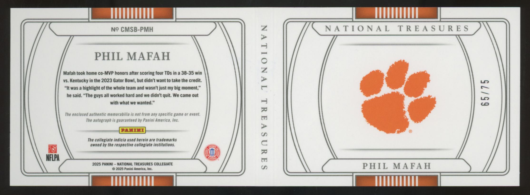 2025 Panini National Treasures Collegiate Phil Mafah Blue Patch Auto Booklet /75