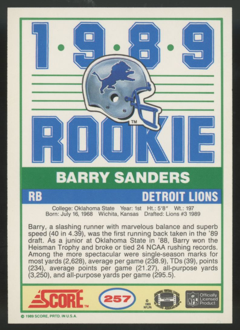 1989 Score Barry Sanders RC #257 NM "H"