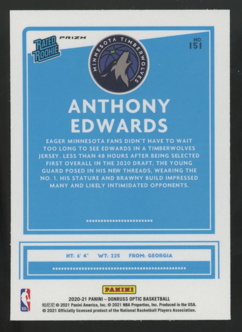 2020-21 Donruss Optic Anthony Edwards RC Rated Rookie Purple Prizm #151