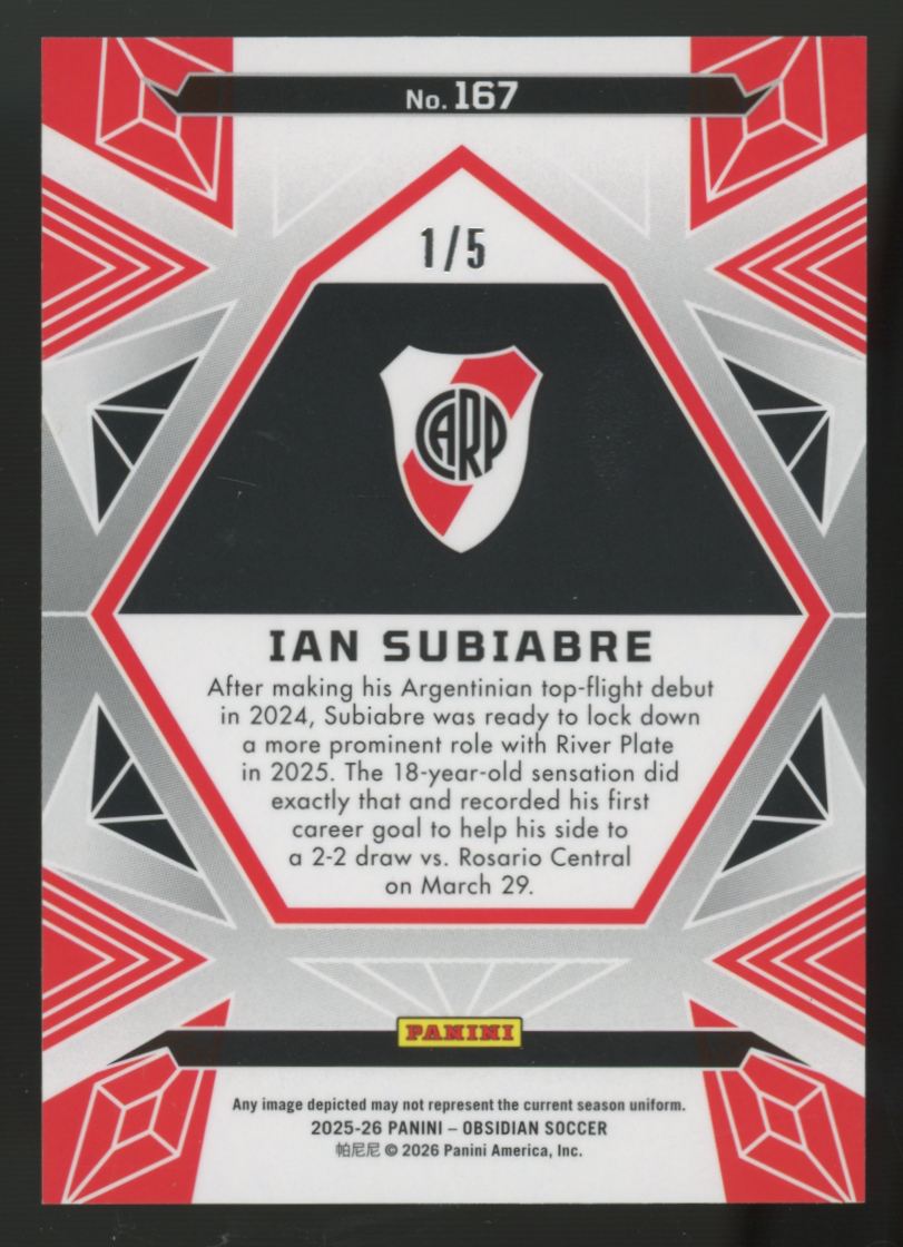 2025-26 Panini Obsidian Ian Subiabre RC Electric Etch Green /5 #167