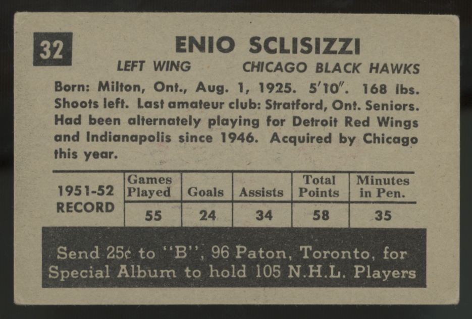 1952-53 Parkhurst Enio Sclisizzi #32 VG/EX