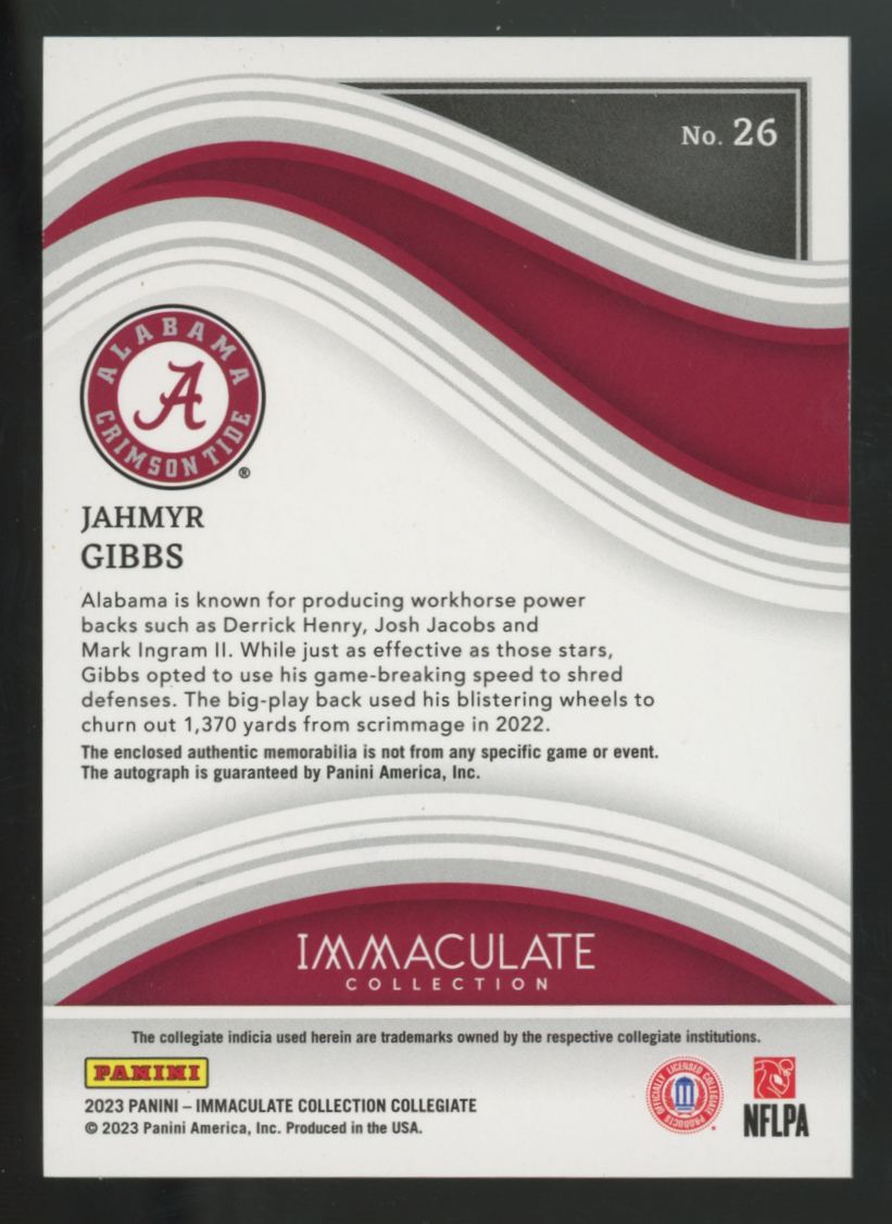 2023 Panini Immaculate Collegiate Jahmyr Gibbs RC Ruby Patch Auto RPA /65 #26